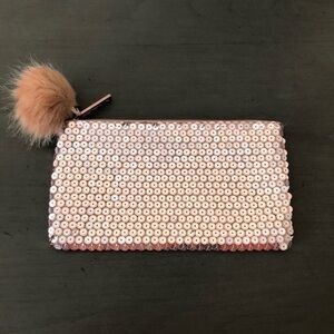 MAC Makeup Case Champagne Sequins Faux Fur Pom Pom Zipper Top Cosmetics Trendy